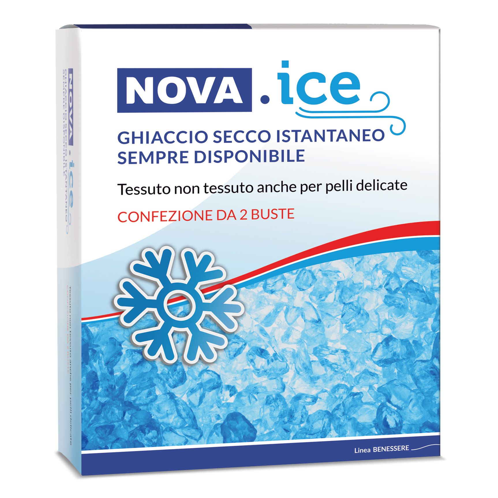 Verpackung mit Produktaufdruck. Text: NOVA .ice, Ghiaccio Secco Istantaneo, Sempre Disponibile, Confezione da 2 Buste. Abbildung von Eiswürfeln.