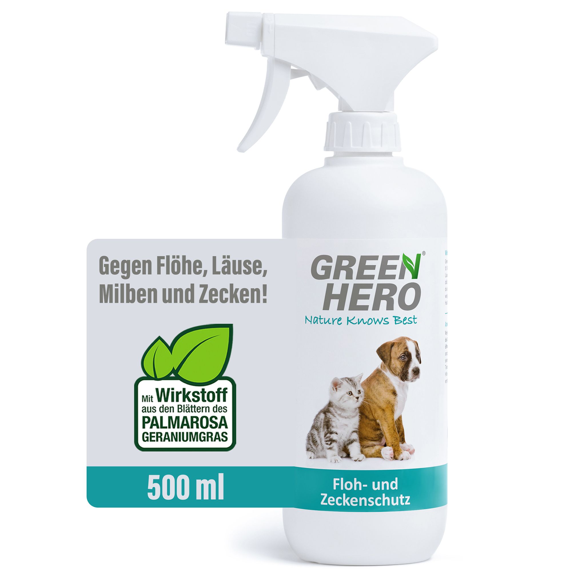 Weiße Sprühflasche mit Etikett. Text: Gegen Flöhe, Läuse, Milben und Zecken! Logo und Text: GREEN HERO. 500 ml.