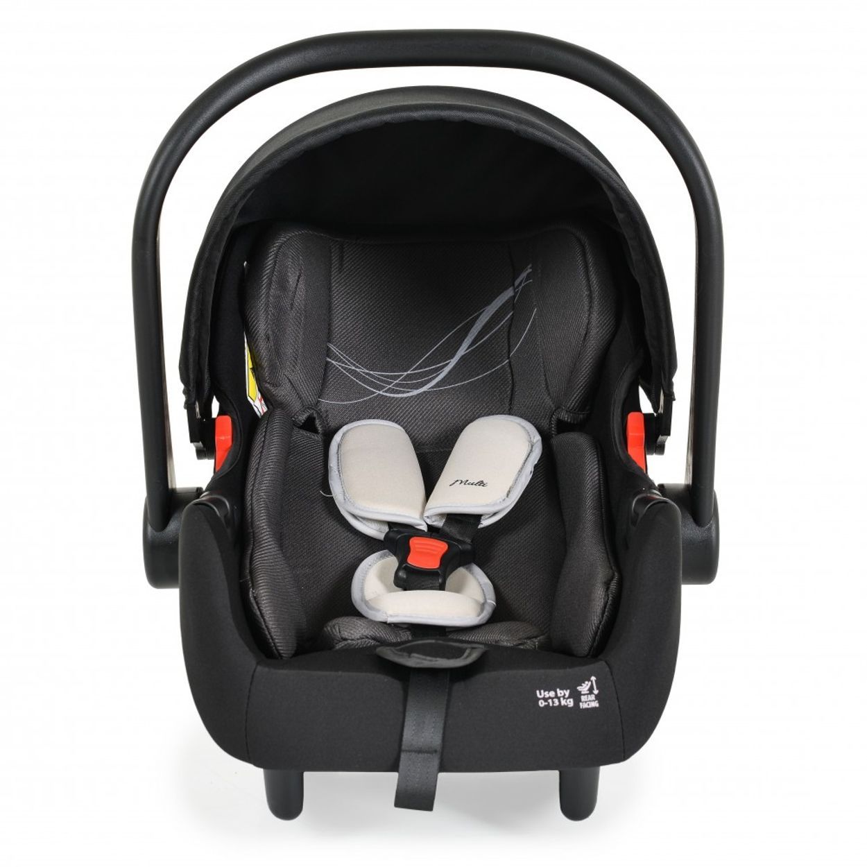 Baby-Autositz mit Verdeck und Basisstation, beige und schwarz.