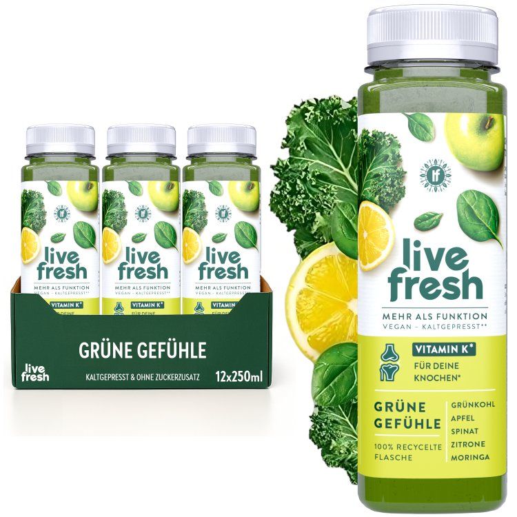 Produkt: LiveFresh Grüne Gefühle. Flaschen in Karton und einzeln. Zutaten: Grünkohl, Apfel, Spinat, Zitrone, Moringa.