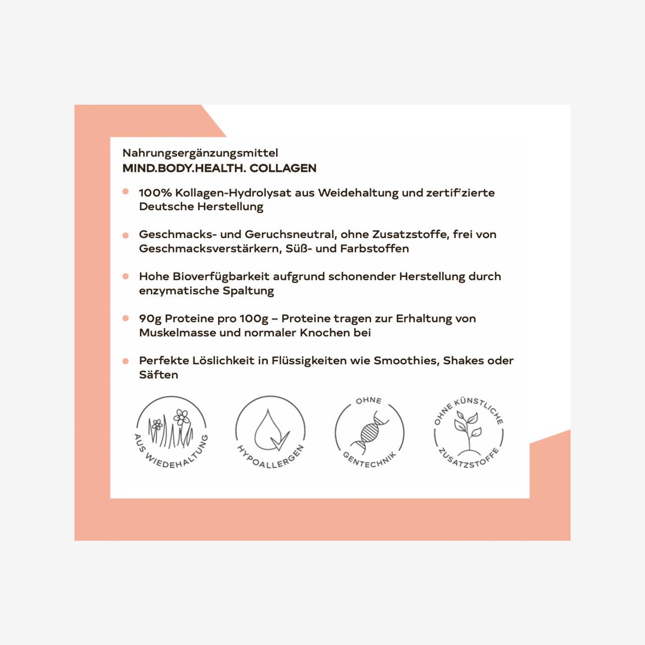 Rosafarbene Karte mit Text und Logos. Text: Nahrungsergänzungsmittel MIND.BODY.HEALTH. COLLAGEN. Logos: Hypoallergen, Gentechnikfrei, Ohne Zusatzstoffe.