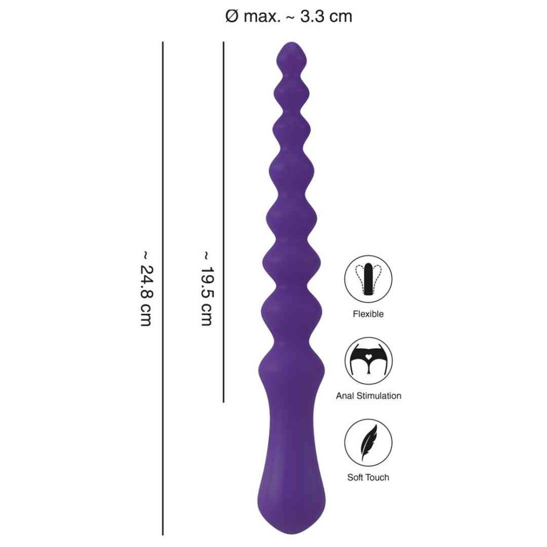 Lila Anal-Wand mit kugelförmigem Design. Abmessungen: max. 3,3 cm Durchmesser, 24,8 cm Länge. Piktogramme: flexibel, Analstimulation, weiche Haptik.