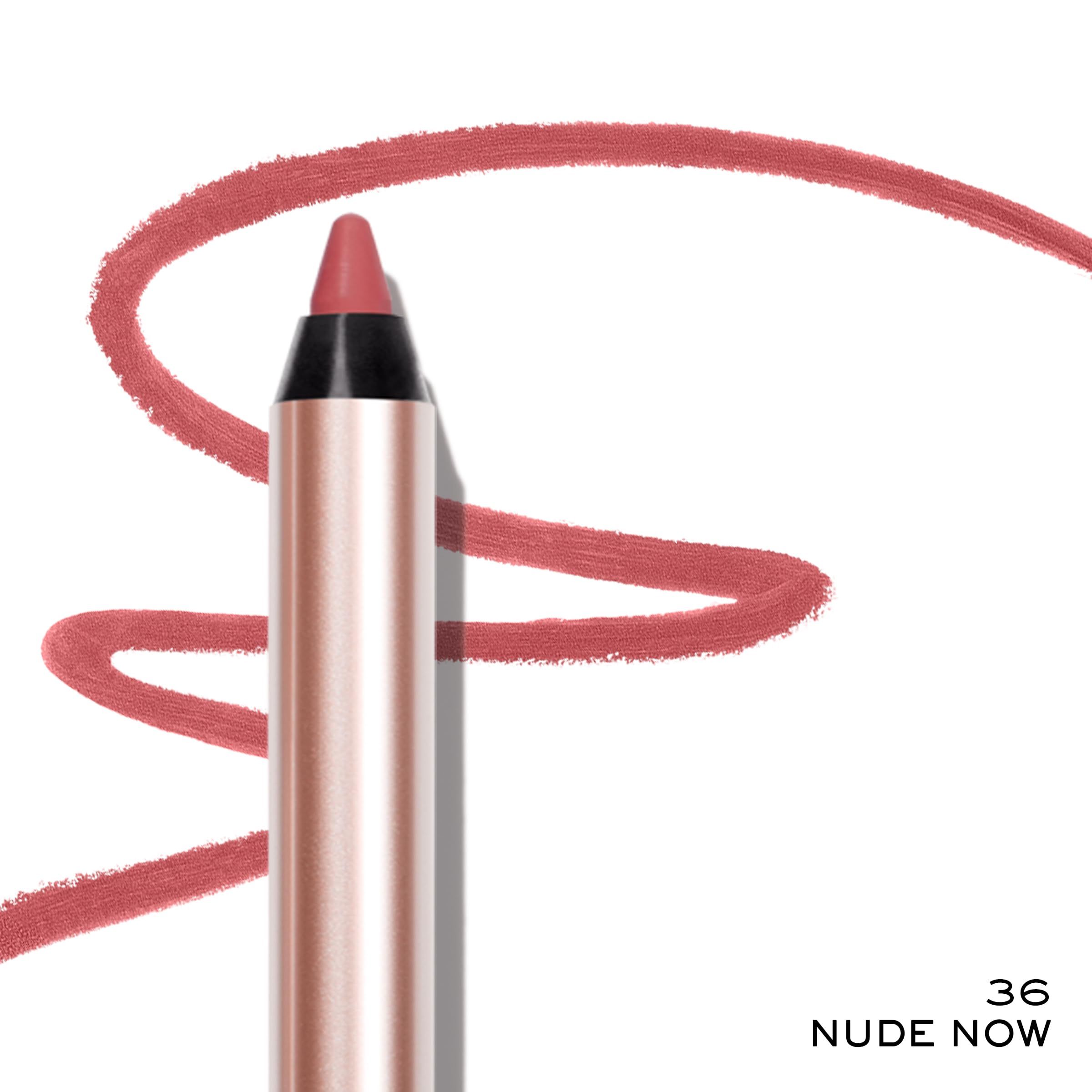 Nahaufnahme einer Lipliner-Spitze. Roségoldener Schaft, schwarze Spitze, rote Mine. Text: 36 Nude Now. Daneben ein Lippenstrich in Nude-Farbe.