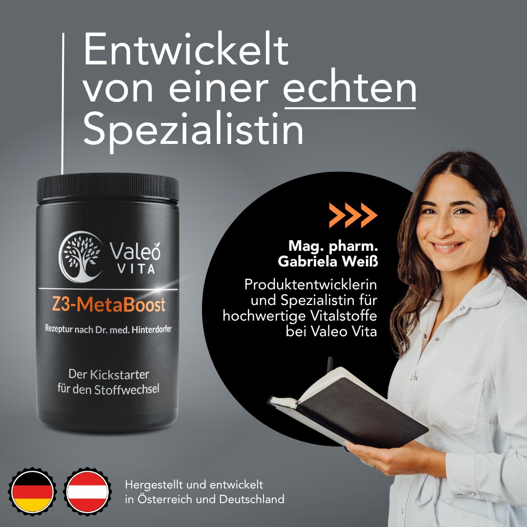 Produktabbildung mit Dose, Frau mit Notizbuch. Text: Entwickelt von einer echten Spezialistin. Hergestellt in Österreich und Deutschland. Valeo Vita, Z3-MetaBoost.