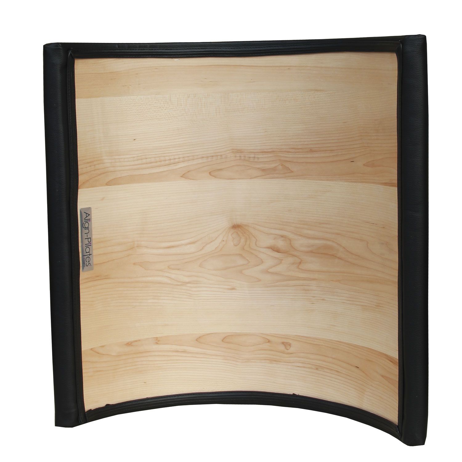 Pilates Arc Barrel, Unterseite. Holzbasis mit schwarzem Rahmen. Kleines Metallschild mit Logo.