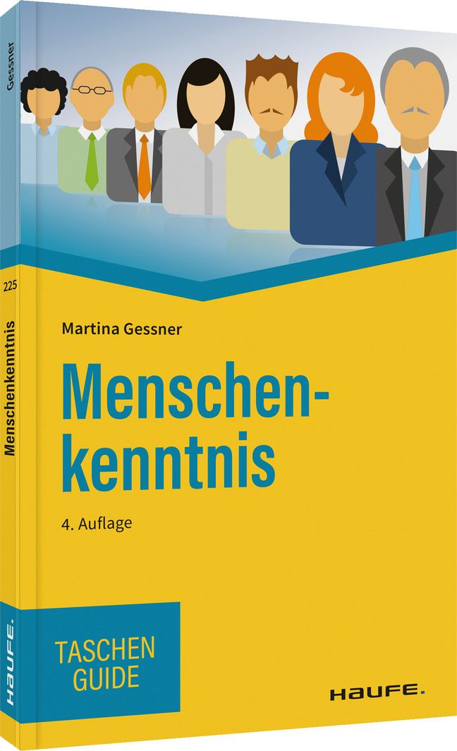 Buchcover mit Titel "Menschenkenntnis". Gelber Hintergrund, blaue Akzente, Illustration von Personen. Autorin: Martina Gessner.