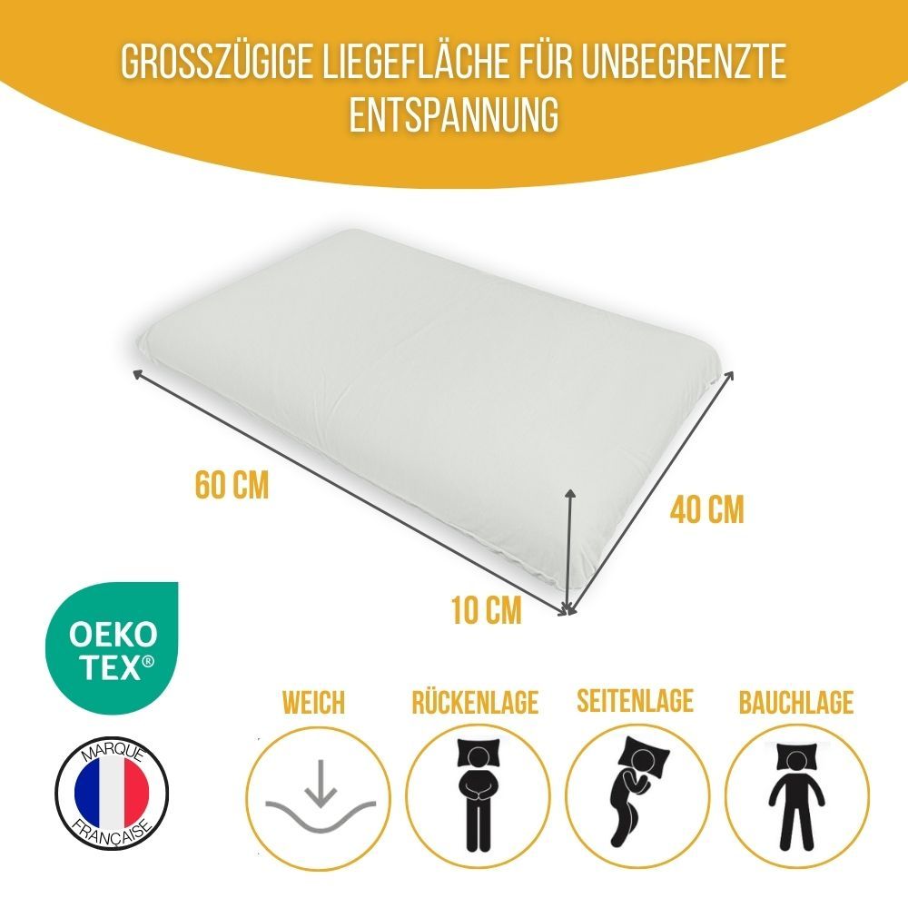 Weißes Kissen mit Maßen 60x40x10 cm. Oeko-Tex-Zertifizierung. Piktogramme für Schlafpositionen.
