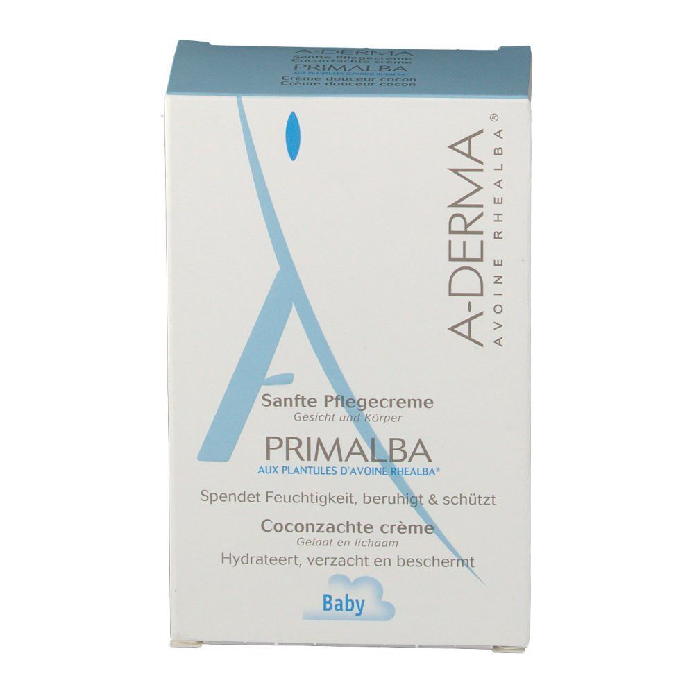 Kartonnen verpakking. A-DERMA en PRIMALBA logo. Tekst: Sanfte Pflegecreme, Hydrateert, verzacht en beschermt. Baby.