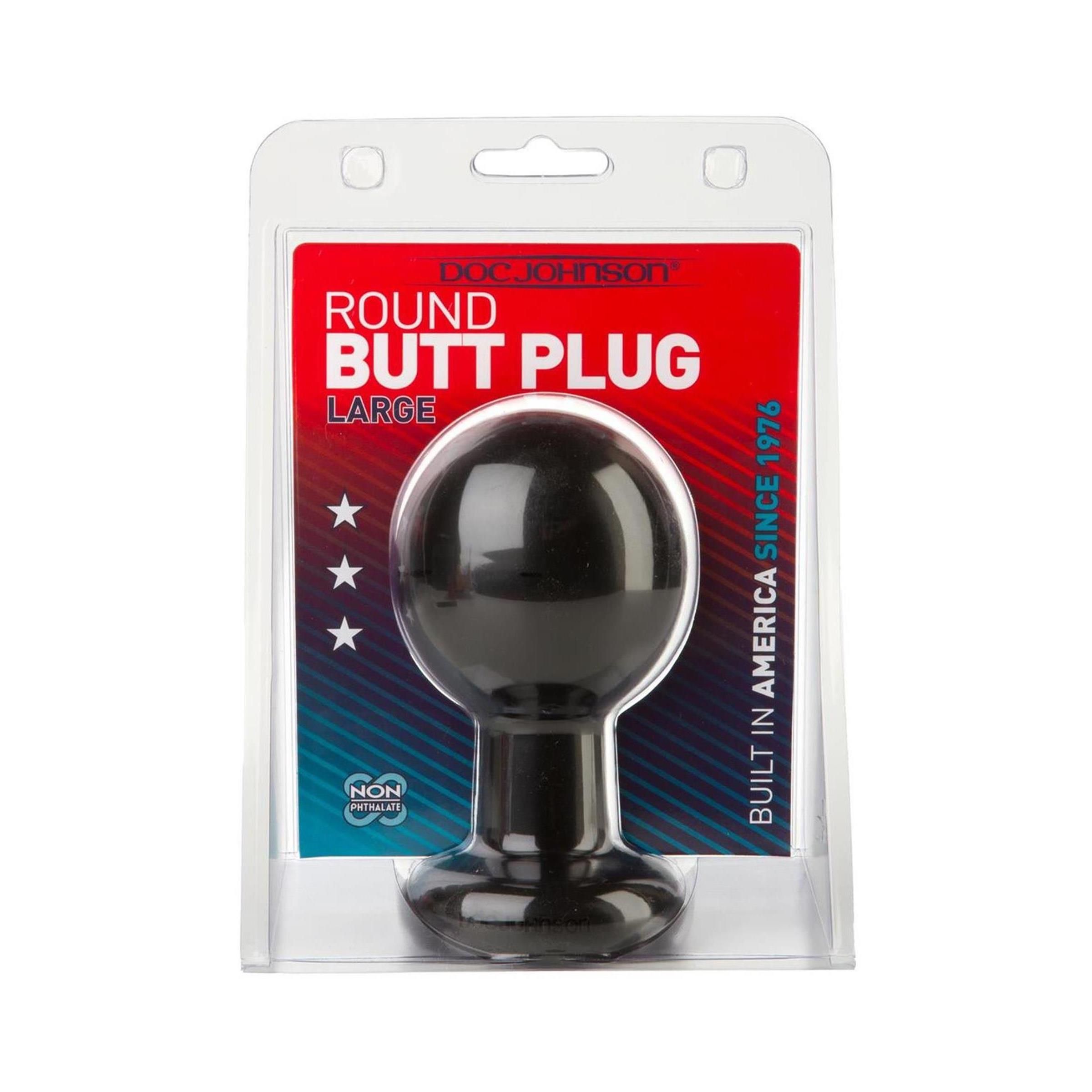Schwarzer, runder Analplug in Blisterverpackung. Mit Markenlogo und Schriftzug "Round Butt Plug".