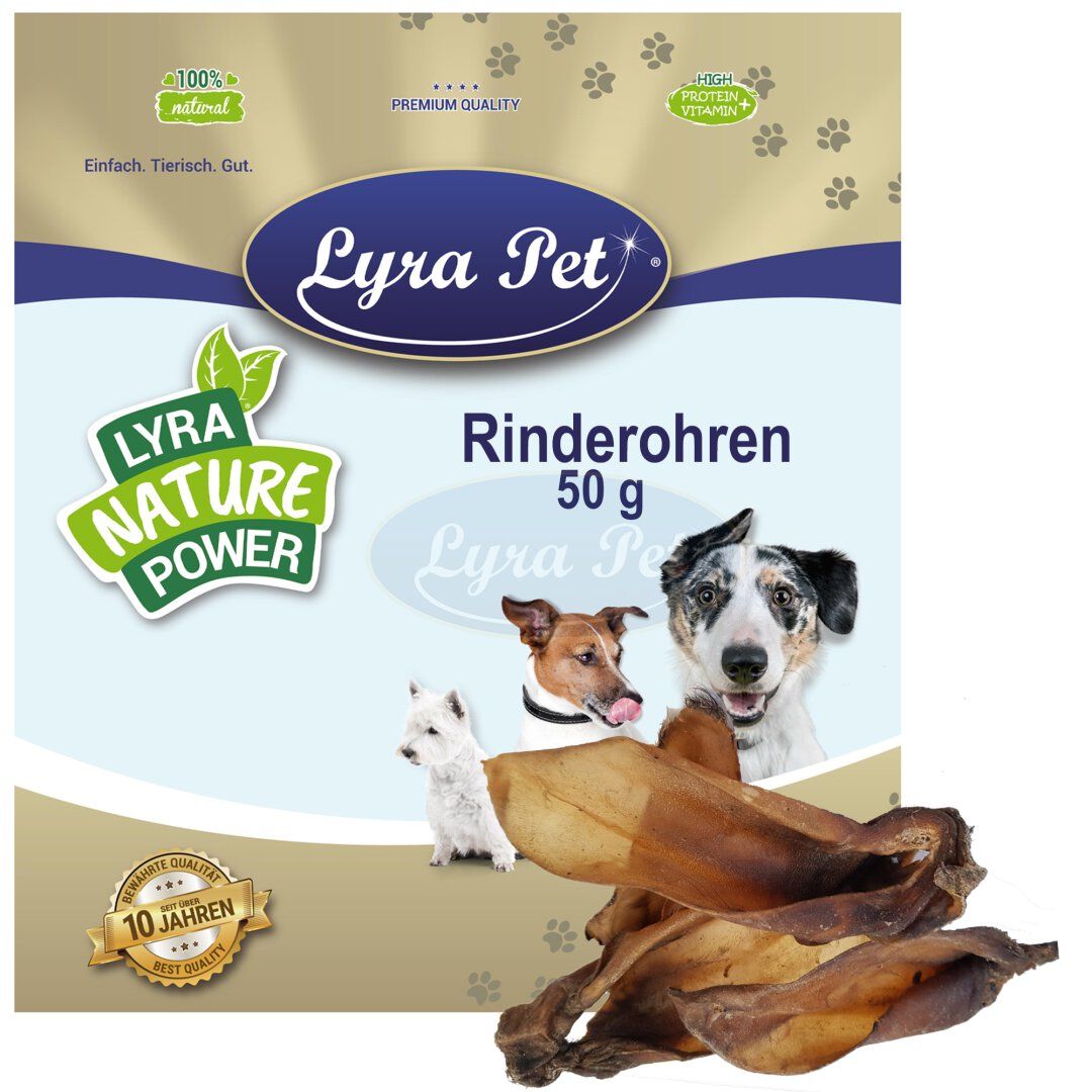 Beutel mit Rinderohren. Aufschrift: Lyra Pet, Rinderohren 50 g. Hunde abgebildet. Siegel: 10 Jahre beste Qualität, 100% natürlich.
