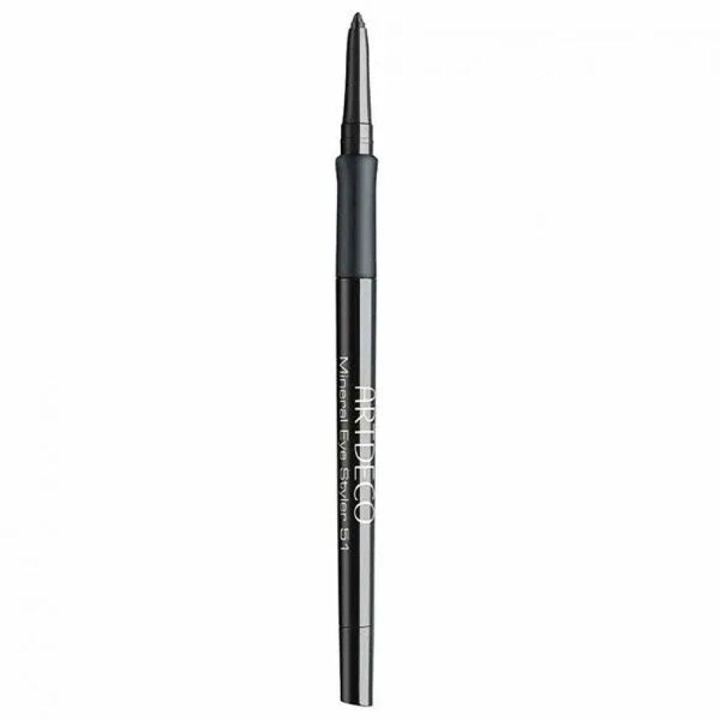 Artdeco Mineral Eye Styler. Schwarzer Stift mit schwarzem Griff. Spitze herausgedreht. Produktname und Marke auf dem Stift.