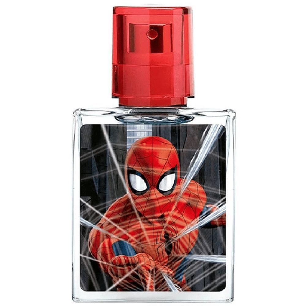 Flakon mit rotem Sprühkopf. Aufdruck: Spider-Man. Transparenter Flakon mit rotem Sprühkopf.