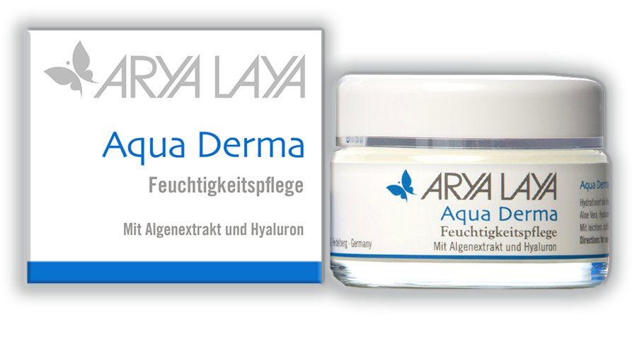 Creme-Tiegel und Verpackung. Aufschrift: Arya Laya Aqua Derma Feuchtigkeitspflege. Mit Algenextrakt und Hyaluron.