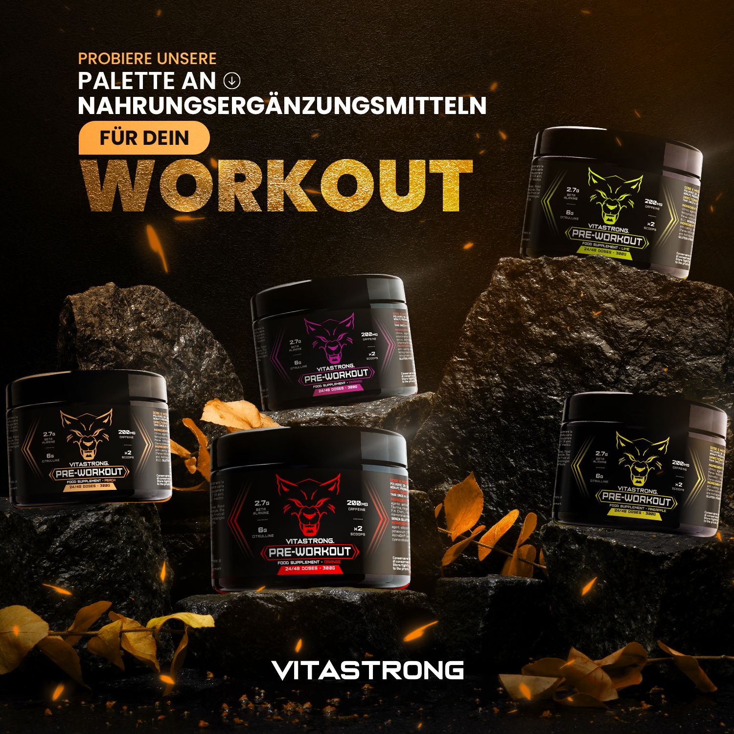 Mehrere Dosen Vitastrong Pre-Workout auf Steinen. Text: Nahrungsergänzungsmittel für dein Workout.