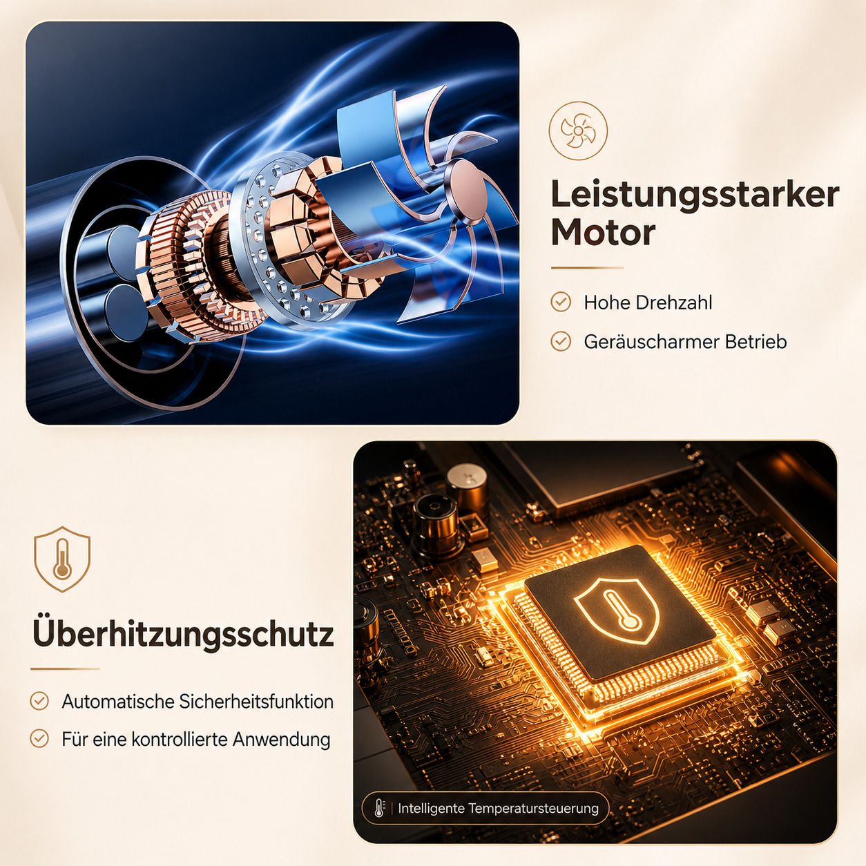 Airstyler mit Motor und Überhitzungsschutz. Zeigt Komponenten und Sicherheitsmerkmale. Text in Deutsch.