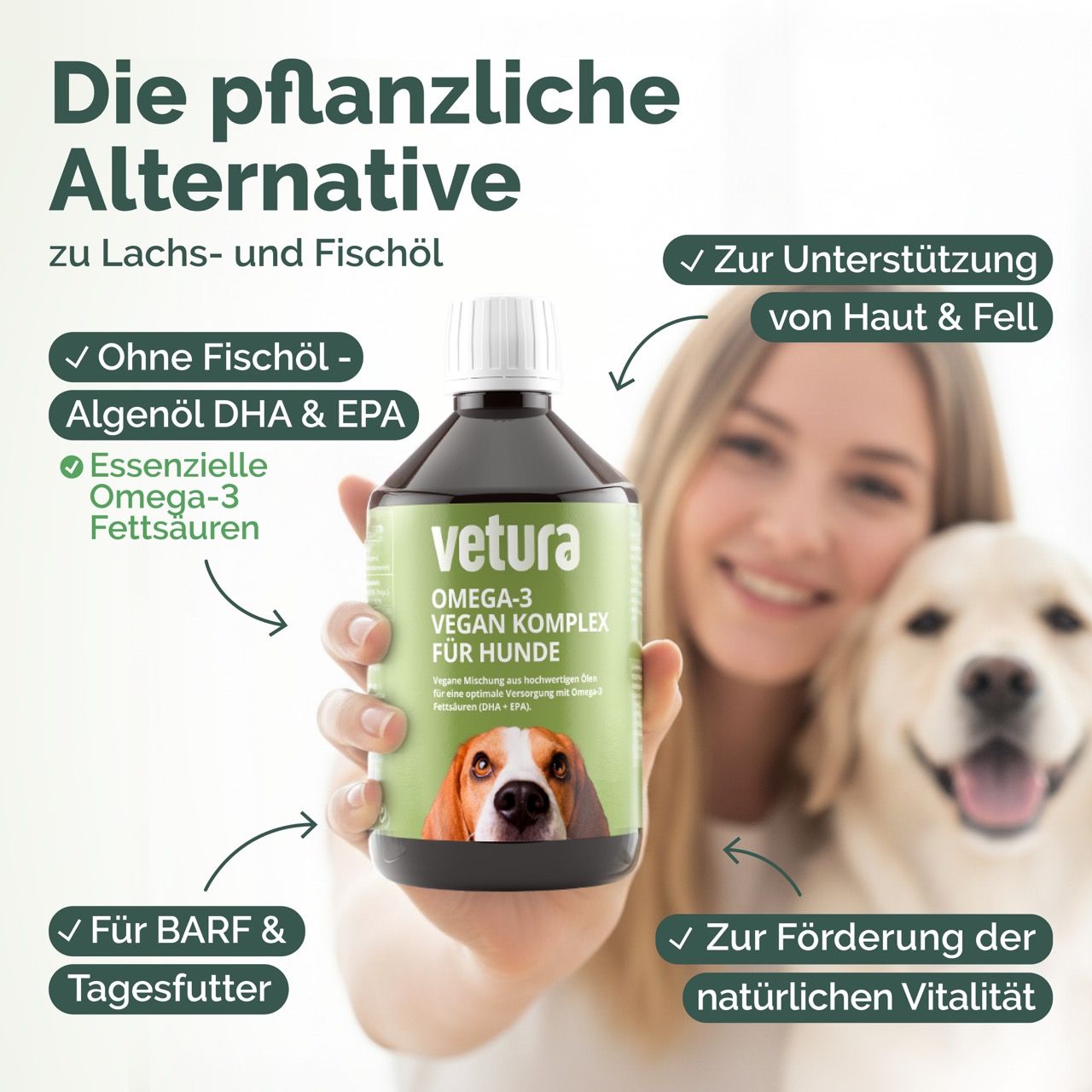 Grüne Flasche mit Etikett. Aufschrift: Vetura Omega-3 Vegan Komplex für Hunde. Enthält DHA & EPA. Frau hält Flasche, Hund im Hintergrund.