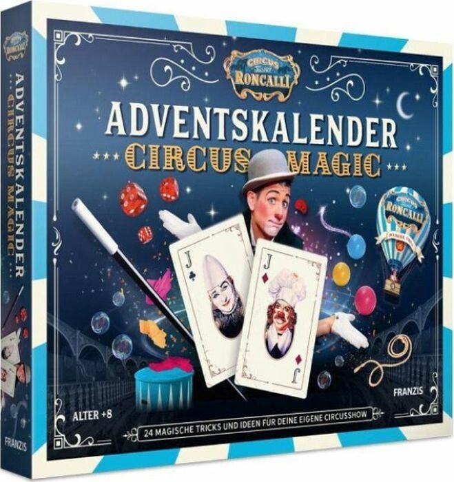 Adventskalender Circus Magic. Box mit Zirkusmotiv, Jongleur, Spielkarten, Zauberstab. Alter +8. Franzis.