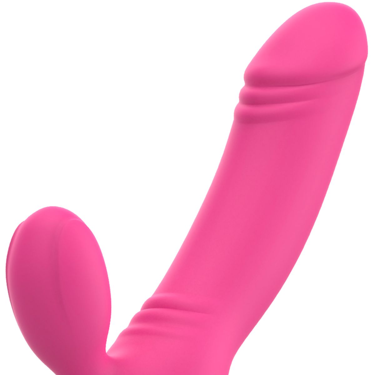 Pinkfarbener Vibrator mit länglicher Form. Oben ist eine geriffelte Struktur zu sehen. Ein kleinerer, ovaler Aufsatz ist sichtbar.