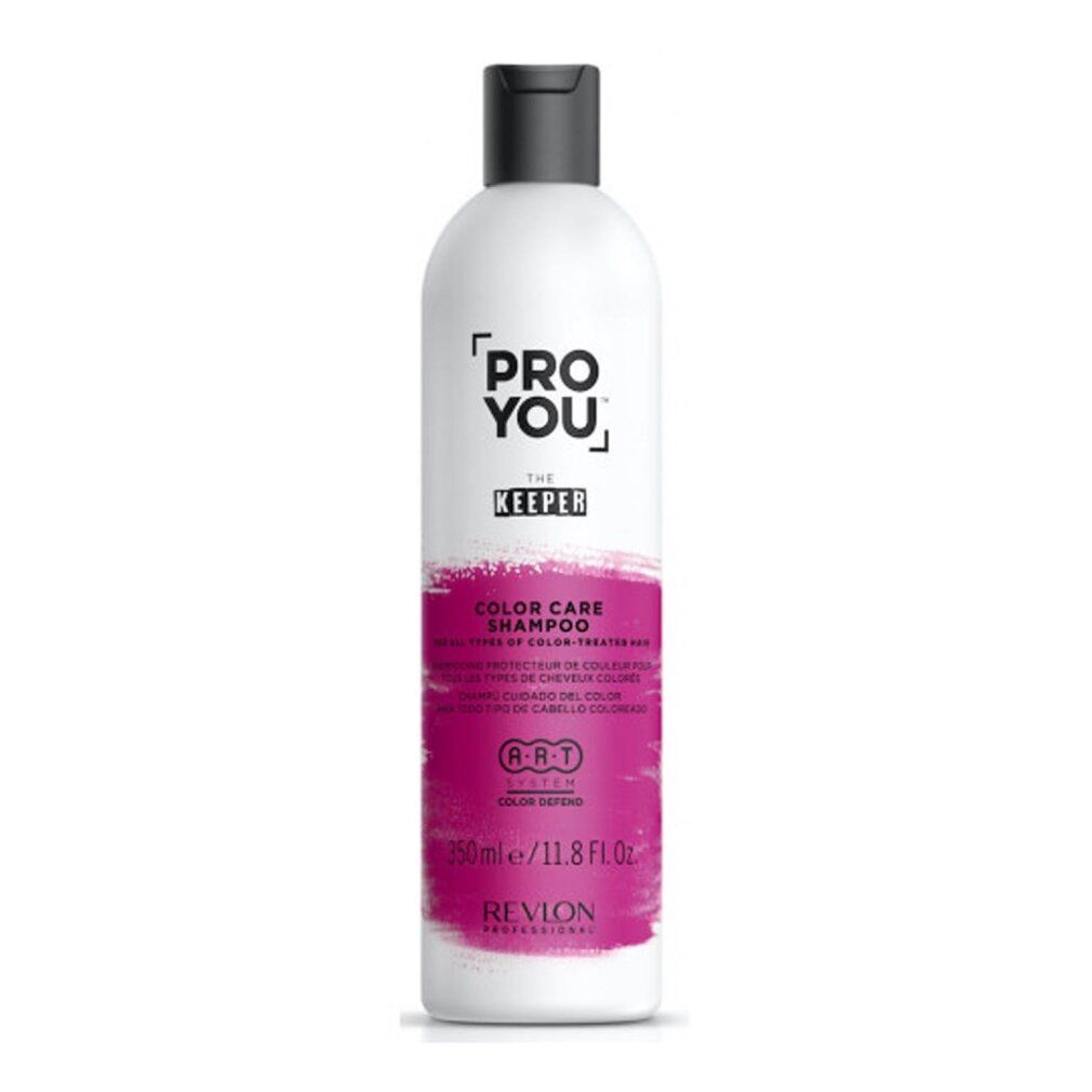 Weiße Flasche mit schwarzem Deckel. Rosa Farbband mit Text: PRO YOU, THE KEEPER, COLOR CARE SHAMPOO. 350ml/11.8 fl.oz. Revlon Professional.