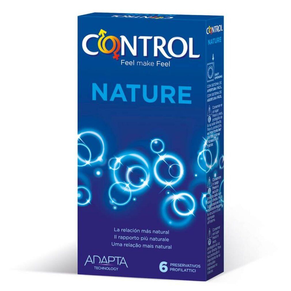 Blaue Schachtel "CONTROL NATURE" mit 6 Kondomen. Text in Spanisch, Italienisch und Portugiesisch. Produktverpackung.