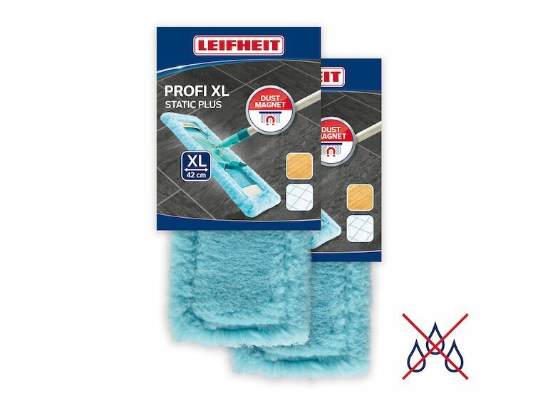 Zwei blaue Wischbezüge in Verpackung. Verpackung mit Produktbild und Schriftzug PROFI XL STATIC PLUS. LEIFHEIT-Logo.