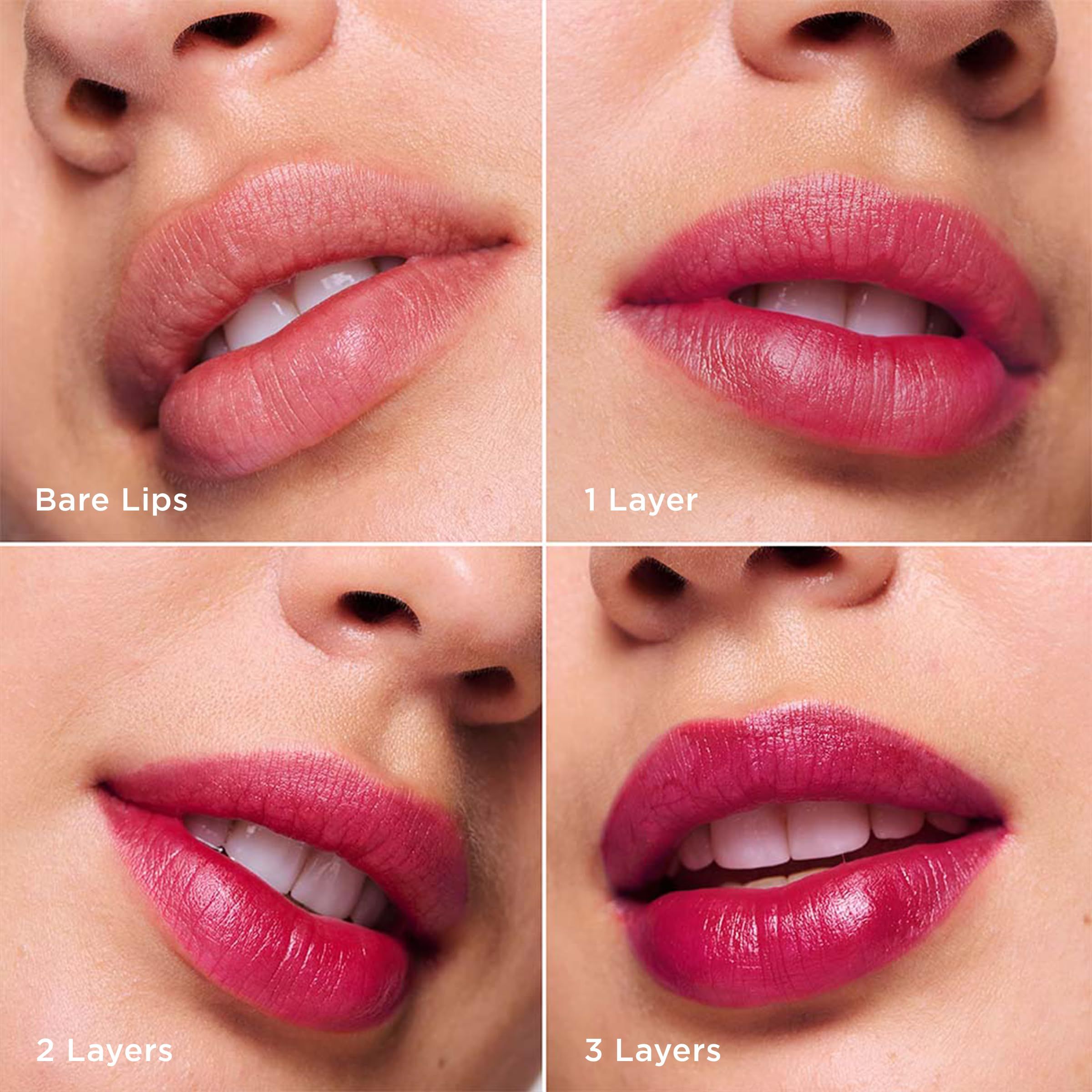 Vier Lippenansichten. Bare Lips, 1 Layer, 2 Layers, 3 Layers. Lippen in verschiedenen Rottönen.