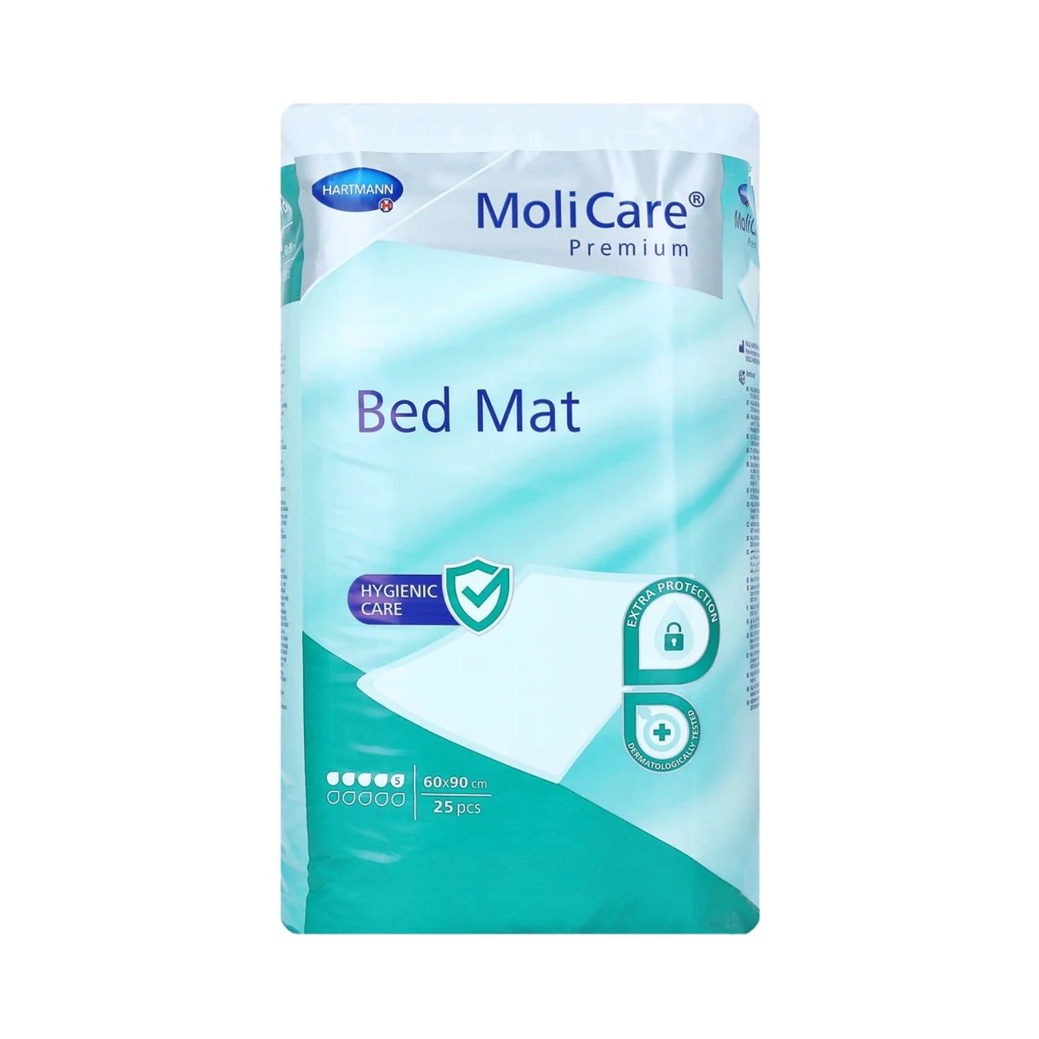 Verpackung von MoliCare Premium Bed Mat. Größe 60x90 cm. Enthält 25 Stück. Mit Logo und Text.