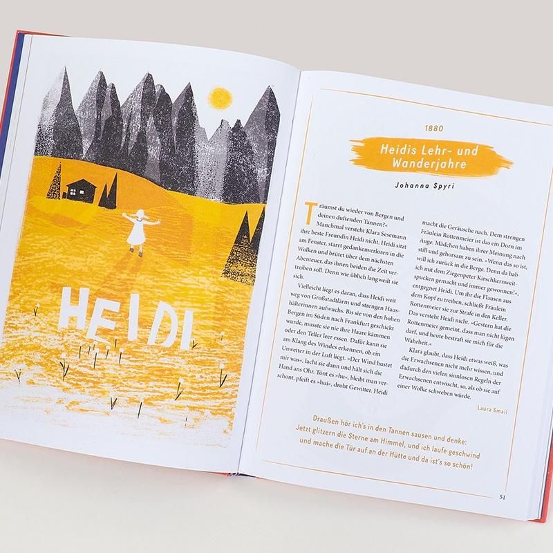 Buchseite mit Illustration und Text. Titel: Heidi. Illustration: Mädchen auf Wiese. Text in deutscher Sprache.