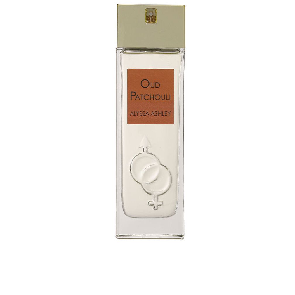 Parfümflakon mit braunem Etikett. Aufschrift: Oud Patchouli, Alyssa Ashley. Geschlechter-Symbol. Goldfarbener Deckel.