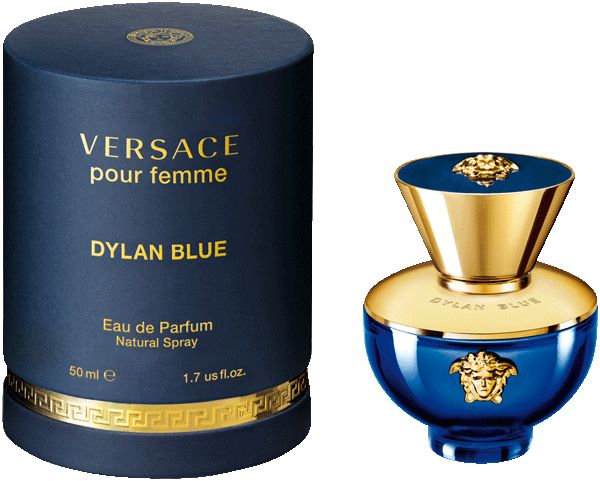 Blaues Parfumflakon und zylindrische Schachtel. Aufschrift: VERSACE pour femme, DYLAN BLUE. Goldene Akzente. 50ml.