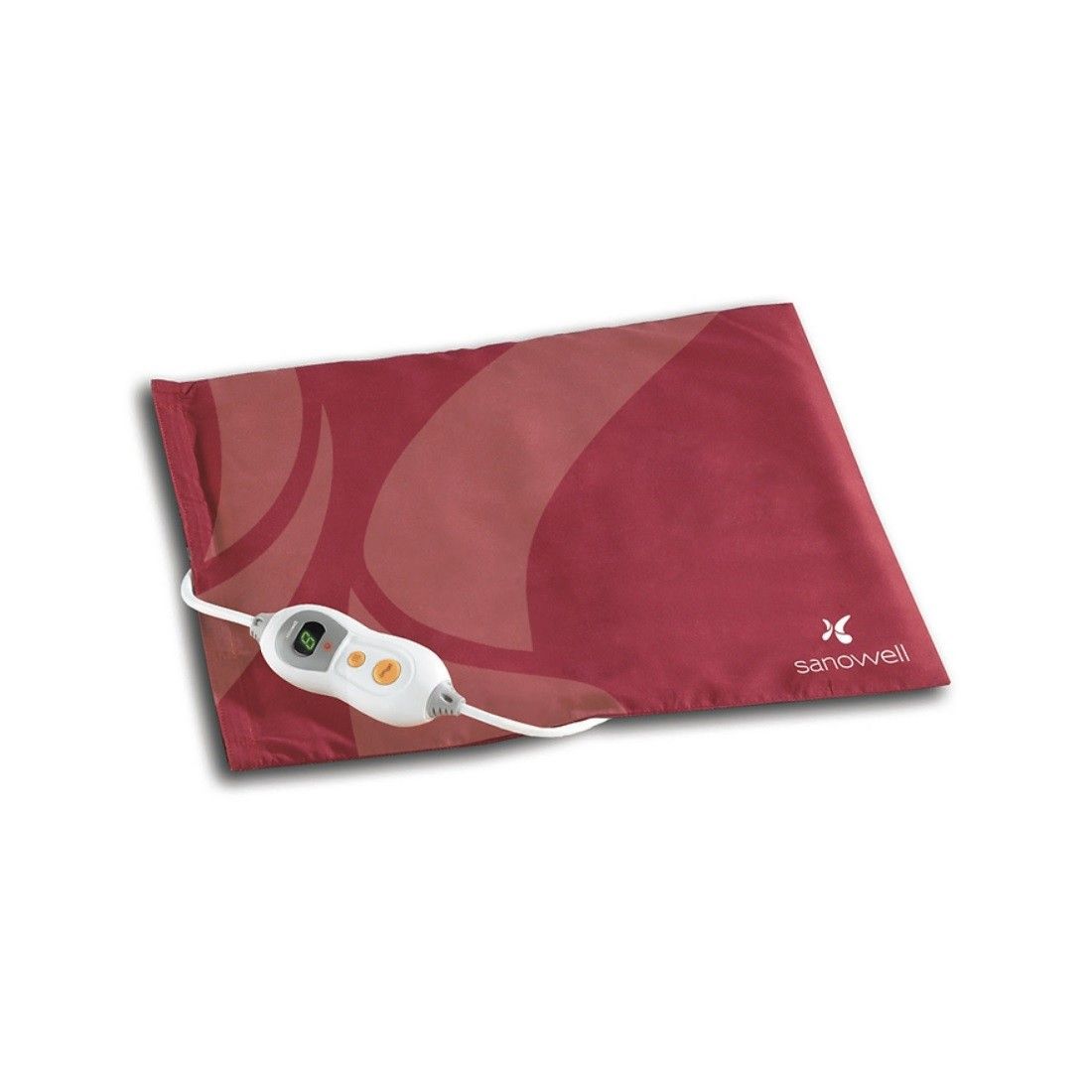 Rotes Heizkissen mit weißem Kabel und Steuerung. Sanowell-Logo rechts unten. Digitalanzeige und Knöpfe.