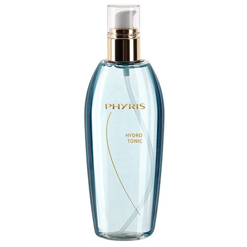 Blau-transparente Flasche mit goldfarbenem Deckel und Aufschrift PHYRIS HYDRO TONIC. Mit Sprühkopf.