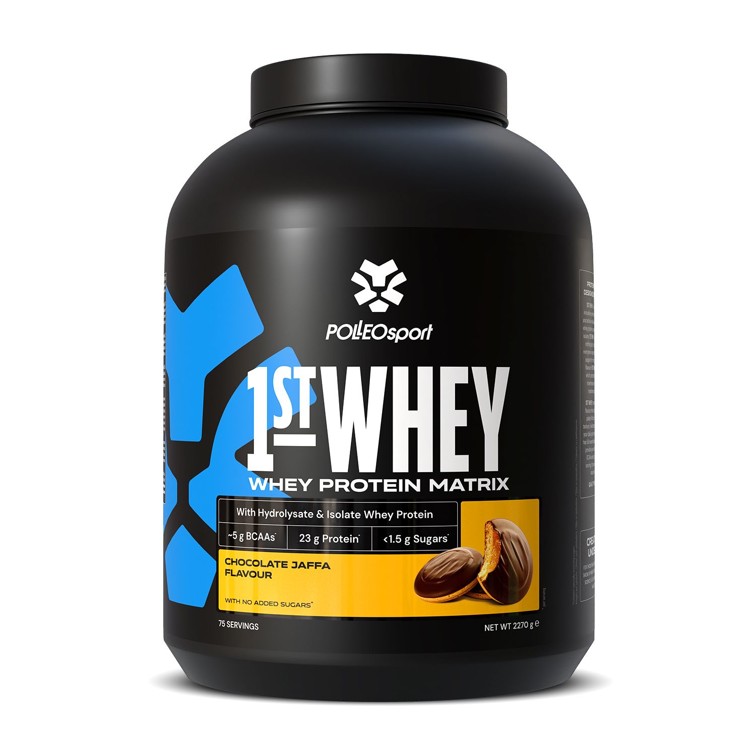 Schwarzer Behälter mit PolleoSport 1st Whey Protein Matrix, Schokoladen-Jaffa-Geschmack.