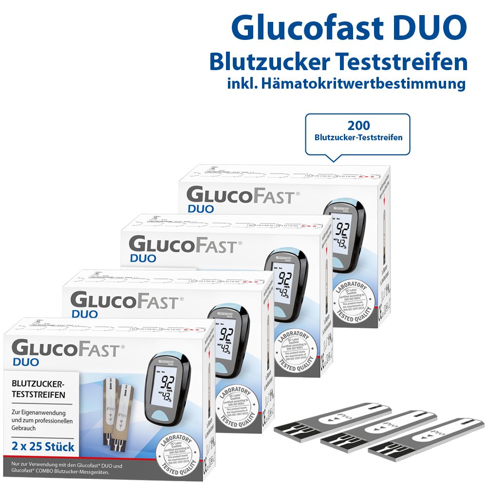 Mehrere Packungen Glucofast Duo Blutzucker-Teststreifen. Enthält 200 Teststreifen. Laborgeprüfte Qualität. Einige Teststreifen liegen daneben.