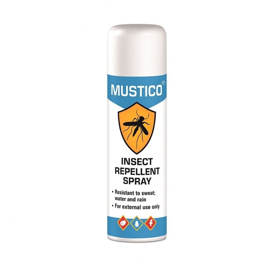 Insektenschutzspray-Dose. Weißer Deckel, blauer Streifen mit "MUSTICO"-Logo und Insektensymbol. Text: "INSECT REPELLENT SPRAY".