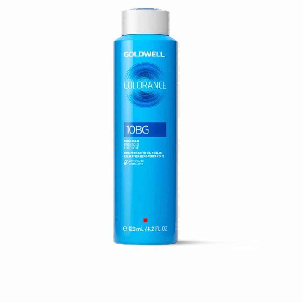 Hellblaue Flasche mit weißem Deckel. Aufschrift COLORANCE 10BG. Marke GOLDWELL.