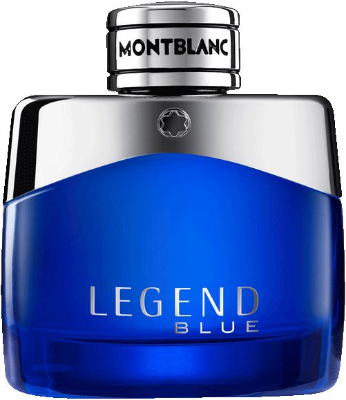 Blauer Flakon mit silberner Kappe. Aufschrift: LEGEND BLUE. MONTBLANC-Logo auf der Kappe.