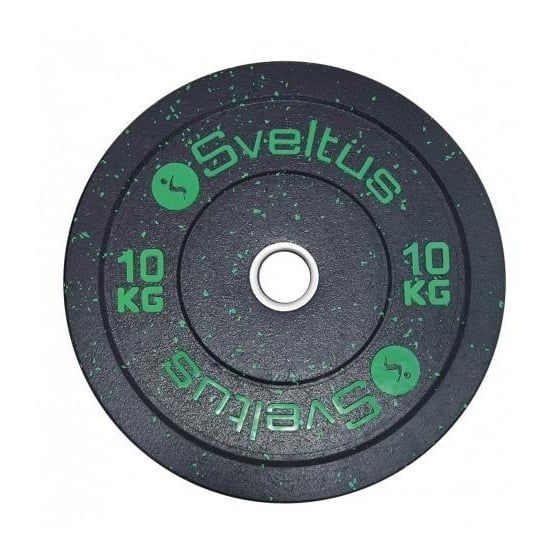 Runde, schwarze Hantelscheibe mit grünem Logo und Schriftzug "Sveltus". Gewicht: 10 kg. Loch in der Mitte.