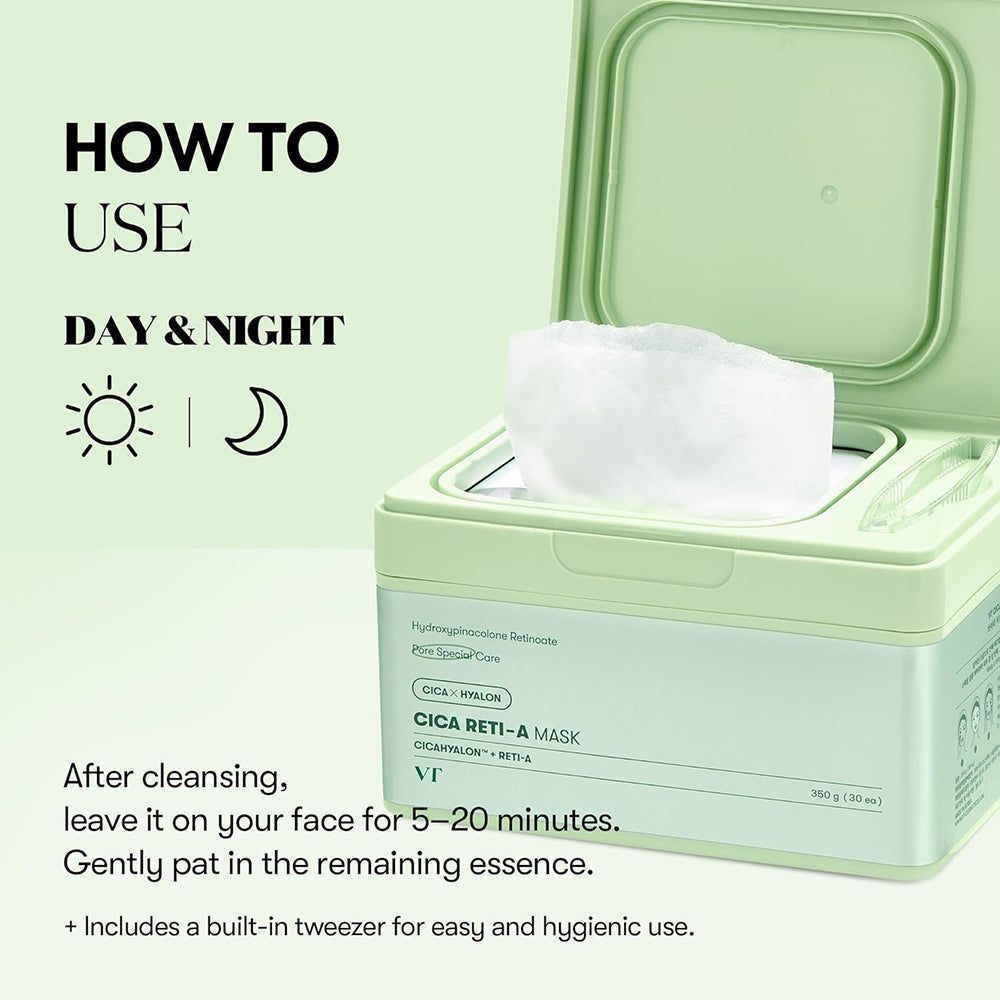 Grüne Verpackung mit Masken. Text: CICA RETI-A MASK. Anwendung: Tag & Nacht. Nach der Reinigung 5-20 Minuten einwirken lassen.