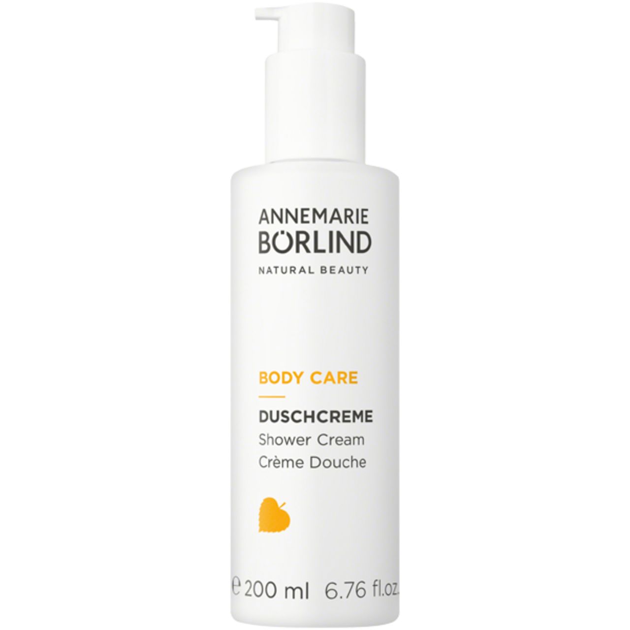 Weiße Flasche mit Pumpverschluss. Aufschrift: ANNEMARIE BÖRLIND, BODY CARE, DUSCHCREME. Gelbes Logo.