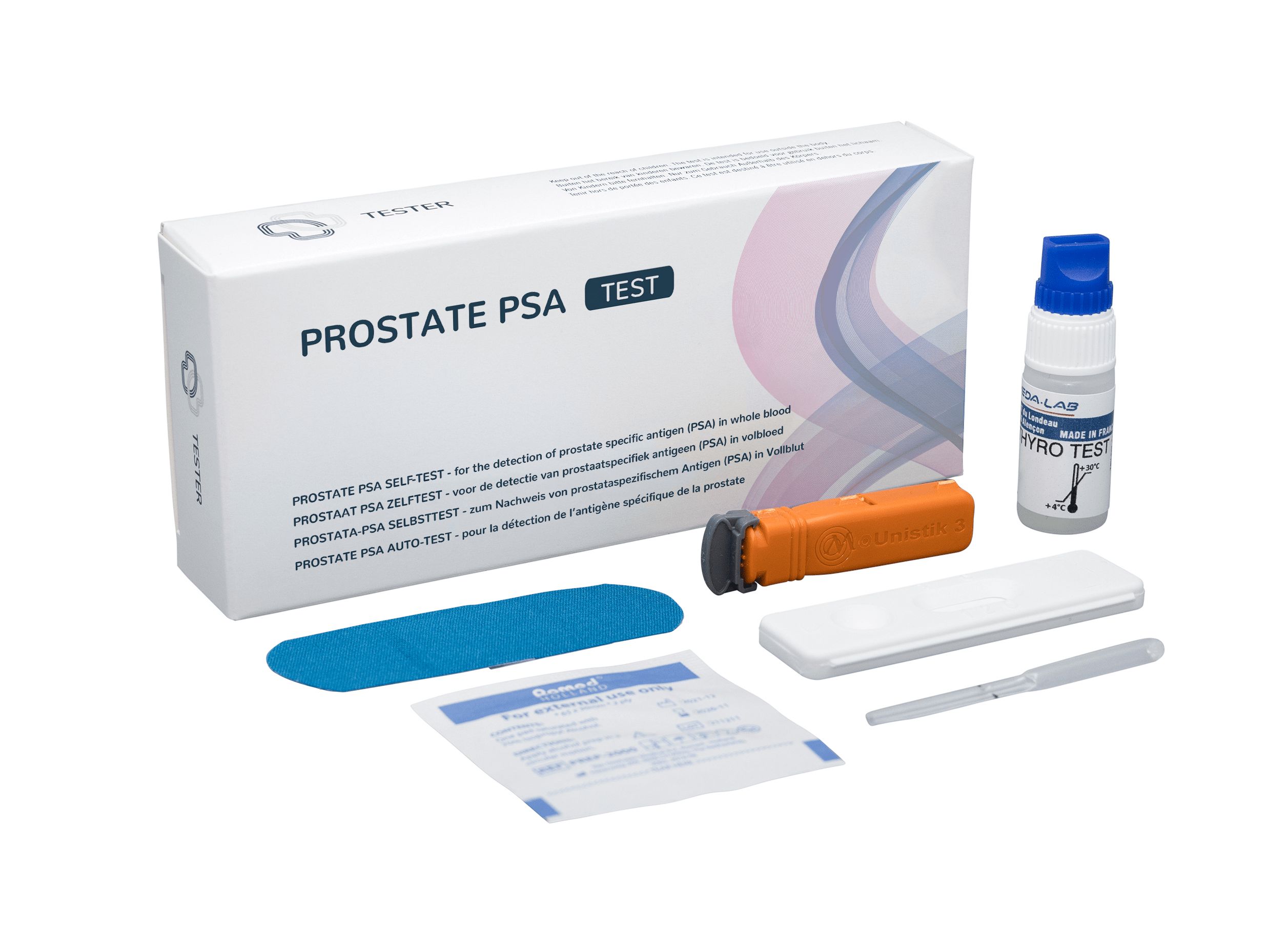 Prostatatest-Kit mit Teststreifen, Lanzette, Pufferlösung, Tupfer und Anleitung. Verpackung mit Aufschrift PROSTATE PSA TEST.