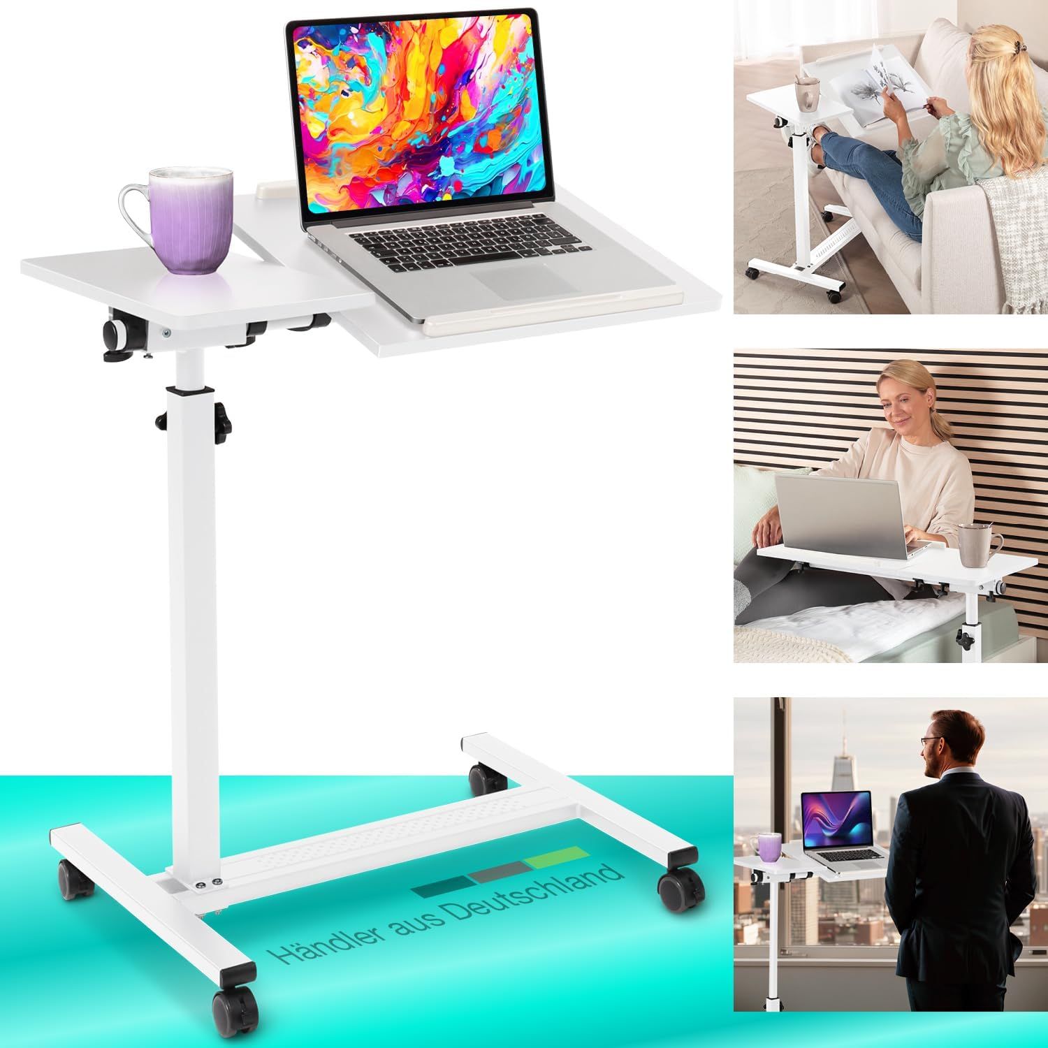 aktivshop mobiler Betttisch auf Rollen, Stehtisch höhen- & breitenverstellbar, neig- & kippbar