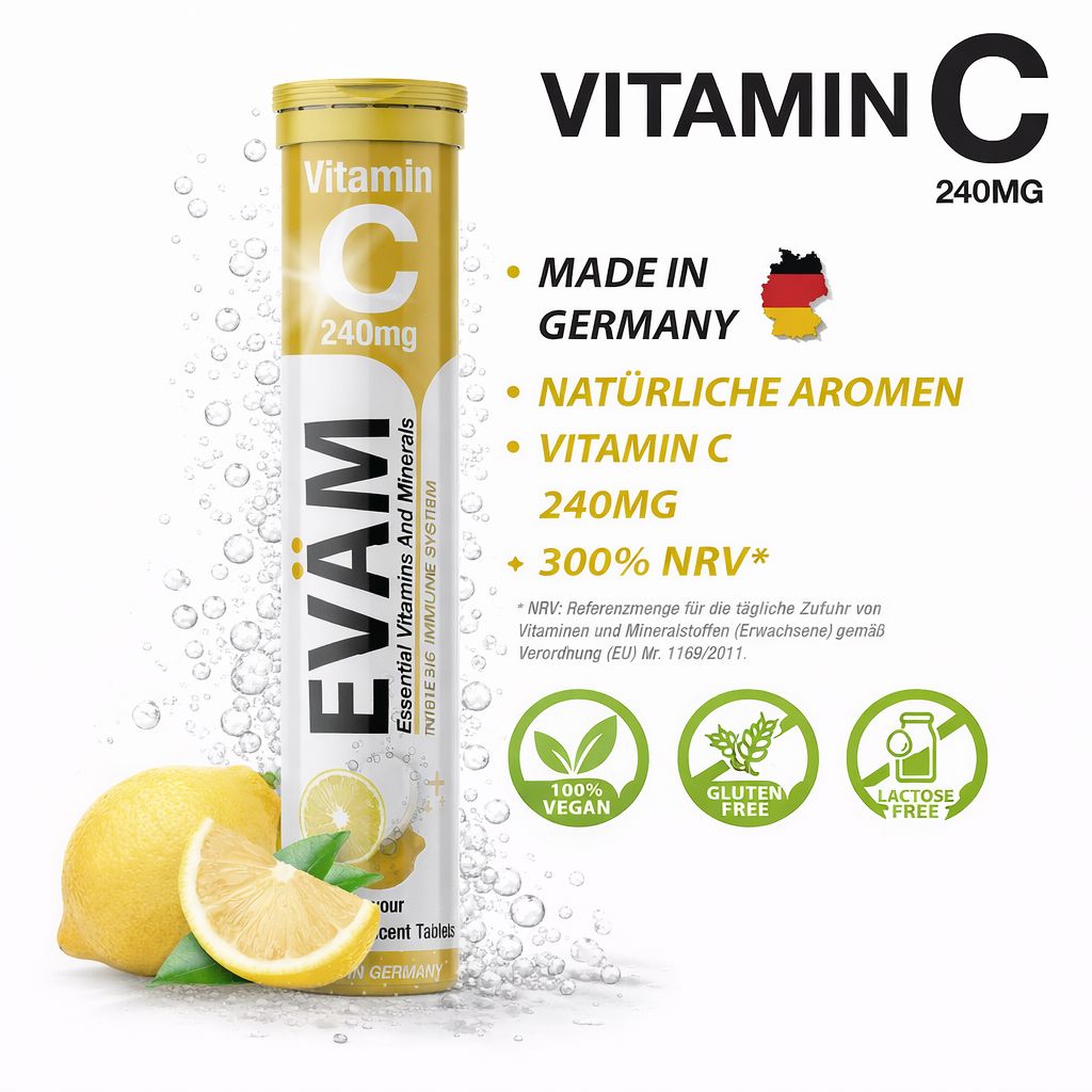 Gelbe Tube mit Vitamin C Brausetabletten. Aufschrift: EVÄM, Vitamin C 240mg. Mit Logos: Vegan, Glutenfrei, Laktosefrei.