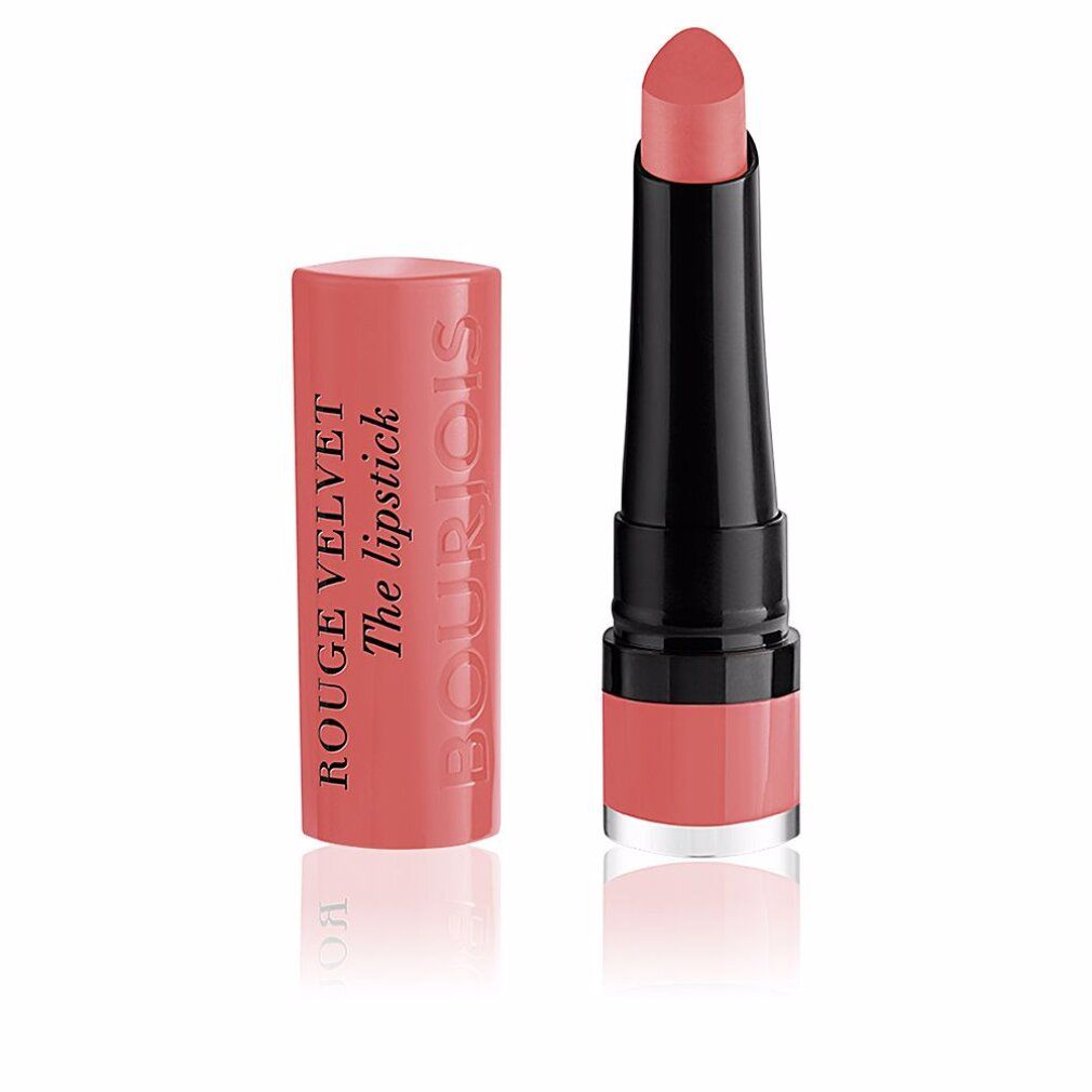 Lippenstift mit geöffneter Kappe. Rosa Lippenstift mit schwarzem Schaft. Aufschrift: Bourjois Rouge Velvet The lipstick.