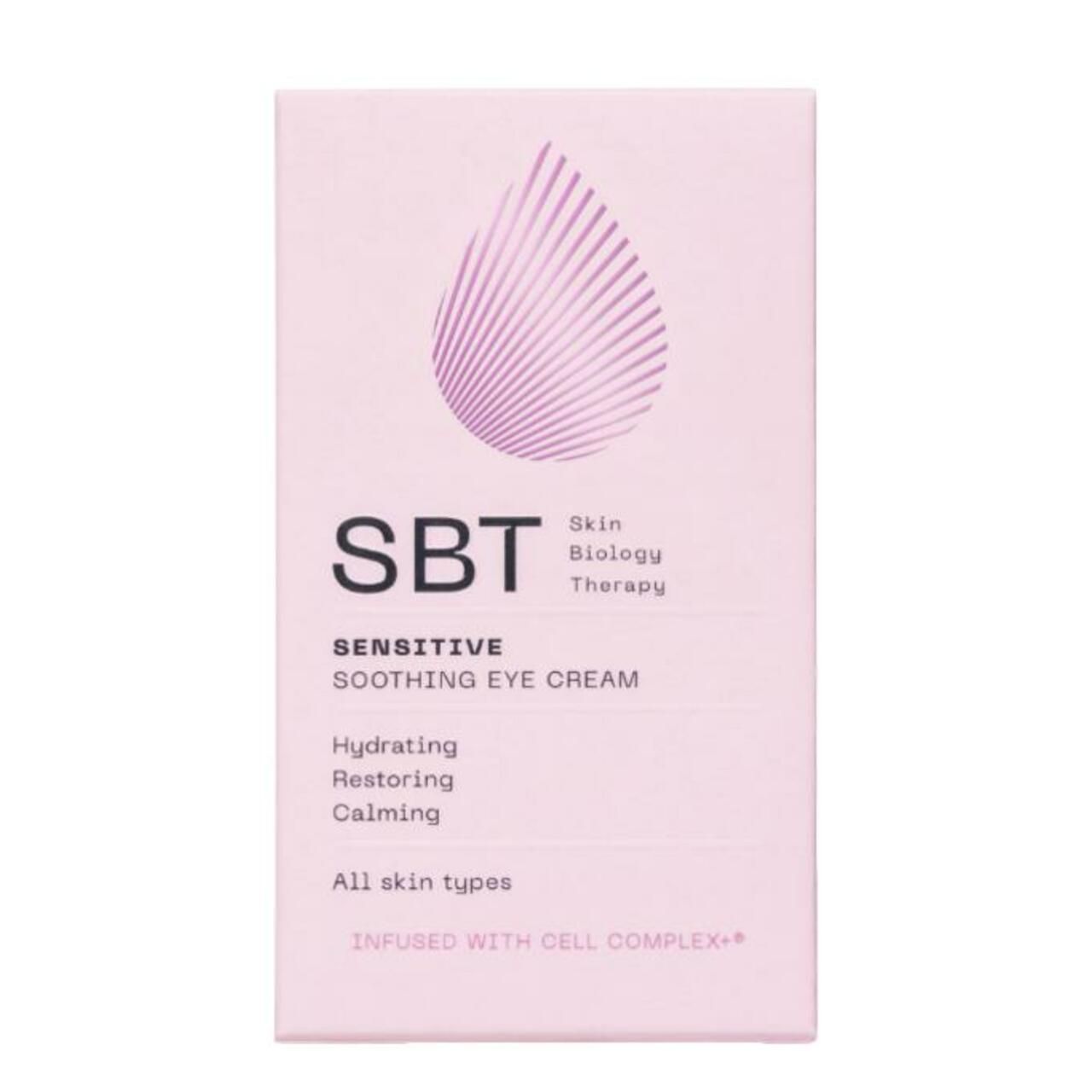 Rosa Verpackung mit Aufschrift: SBT, Sensitive Soothing Eye Cream. Logo: Tropfenform. Text: Hydrating, Restoring, Calming.