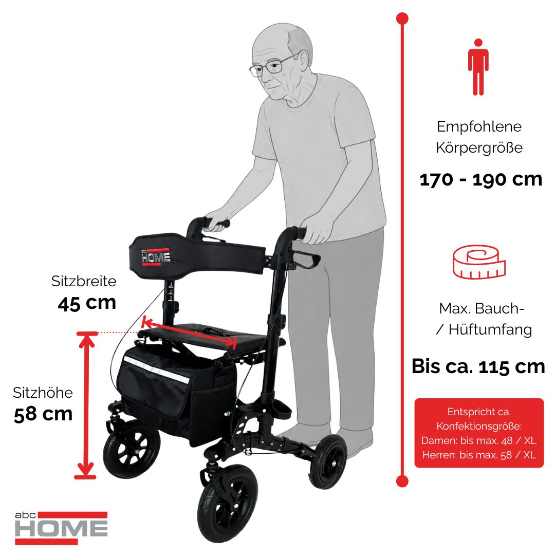 Schema eines Rollators mit Maßen und empfohlener Körpergröße.