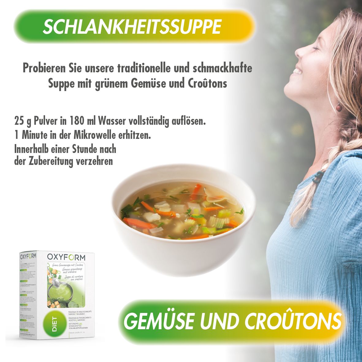 Schüssel mit Gemüse- und Croutons-Suppe. Frau atmet ein. Oxyform-Verpackung im Hintergrund.