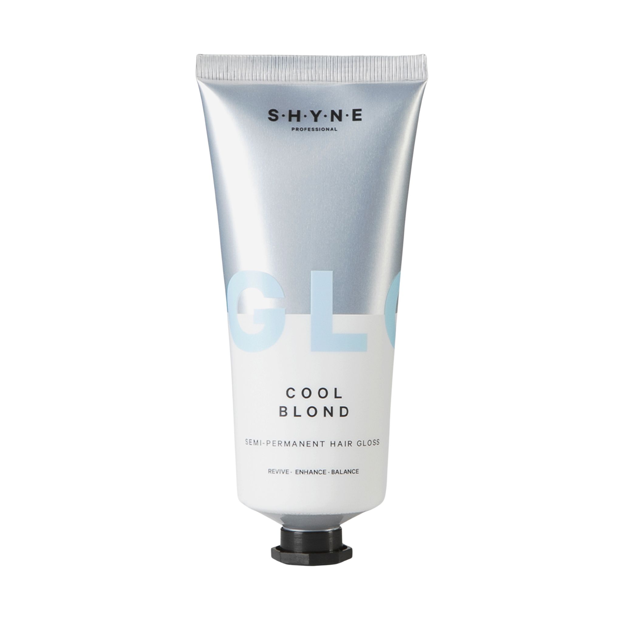 Silberfarbene Tube mit schwarzem Verschluss. Aufschrift: SHYNE, GLO, COOL BLOND. Produktbezeichnung: Semi-Permanent Hair Gloss.