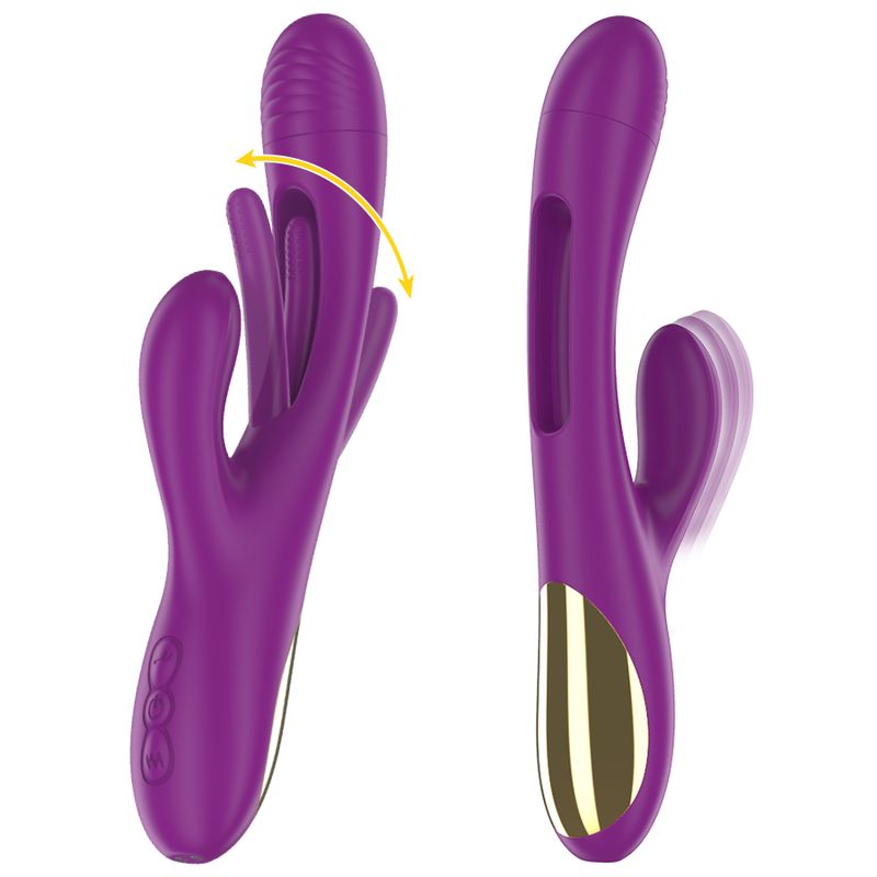 Lila Vibrator mit gebogener Form und drei Fingern. Goldfarbener Akzent am unteren Ende. Pfeile zeigen Bewegungsrichtungen an.