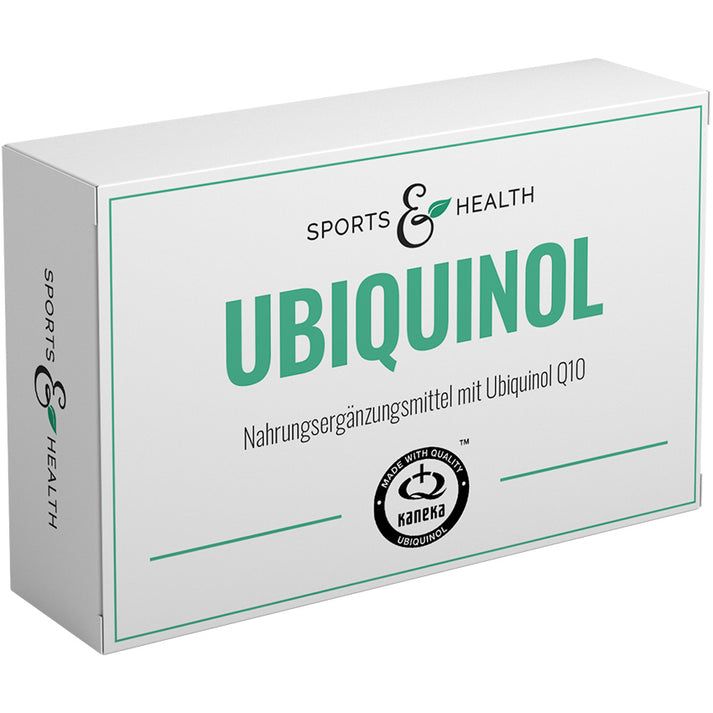 Weiße Schachtel mit grünem Text: UBIQUINOL, SPORTS & HEALTH. Logo: Kaneka Ubiquinol. Nahrungsergänzungsmittel.